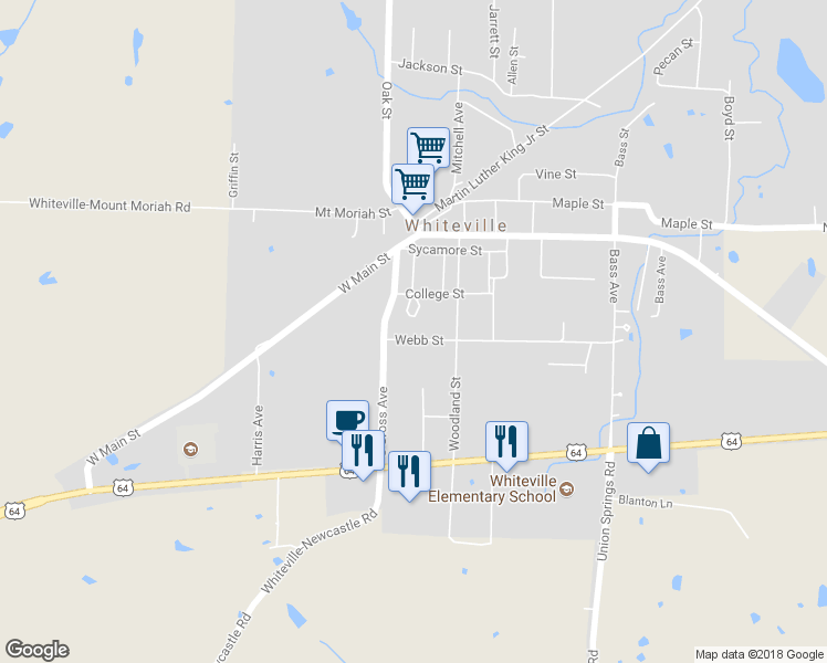 map of restaurants, bars, coffee shops, grocery stores, and more near 118 Webb Street in Whiteville