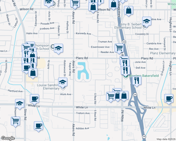 map of restaurants, bars, coffee shops, grocery stores, and more near 4186 Pinewood Lake Drive in Bakersfield
