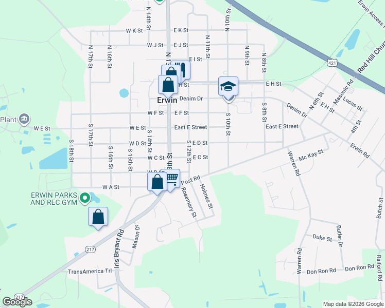 map of restaurants, bars, coffee shops, grocery stores, and more near 209 East D Street in Erwin