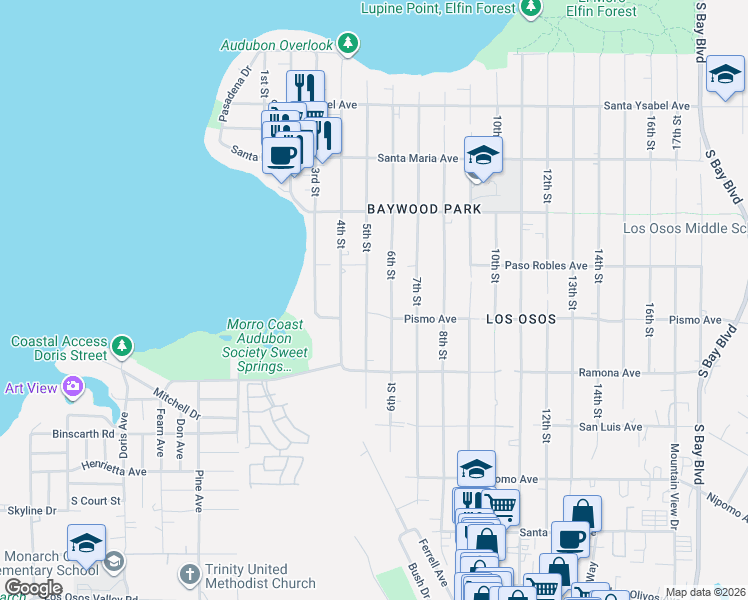 map of restaurants, bars, coffee shops, grocery stores, and more near 1545 6th Street in San Luis Obispo