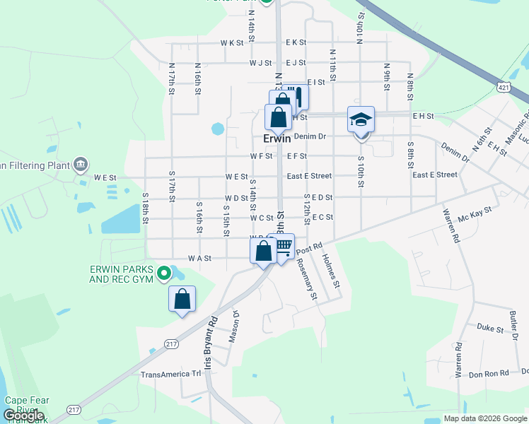 map of restaurants, bars, coffee shops, grocery stores, and more near 105 West D Street in Erwin