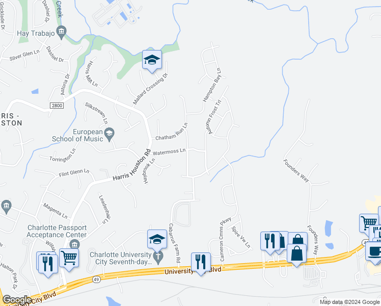 map of restaurants, bars, coffee shops, grocery stores, and more near 11307 Breezehill Lane in Charlotte