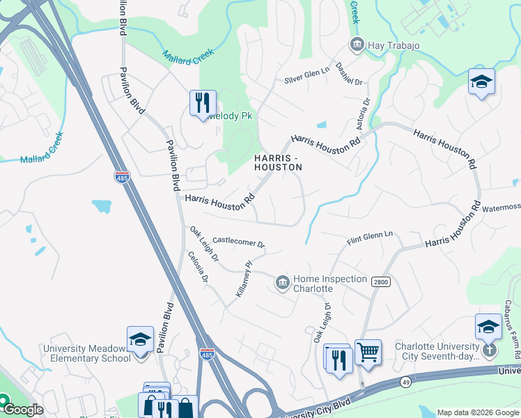 map of restaurants, bars, coffee shops, grocery stores, and more near 11001 Lystra Lane in Charlotte