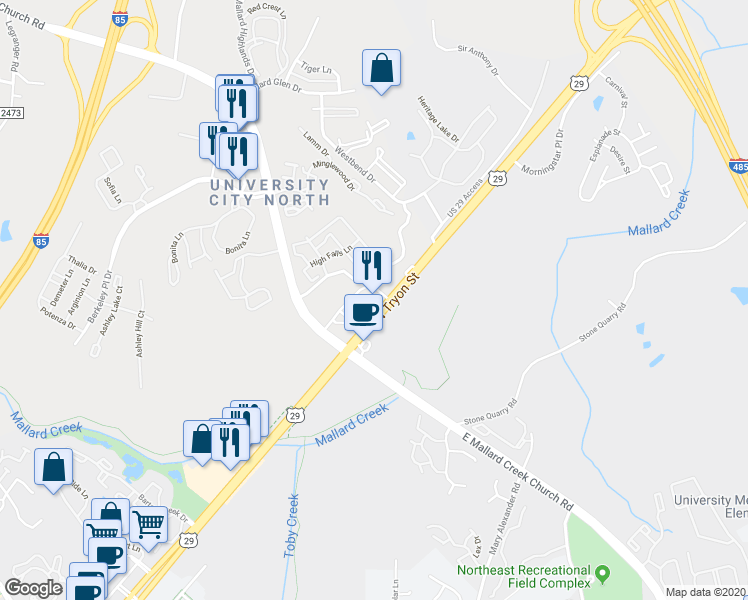 map of restaurants, bars, coffee shops, grocery stores, and more near 10121 N Tryon St in Charlotte