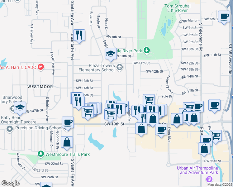 map of restaurants, bars, coffee shops, grocery stores, and more near 820 Lakeview Drive in Moore