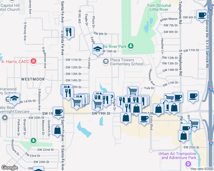 map of restaurants, bars, coffee shops, grocery stores, and more near 808 Lakeview Drive in Moore