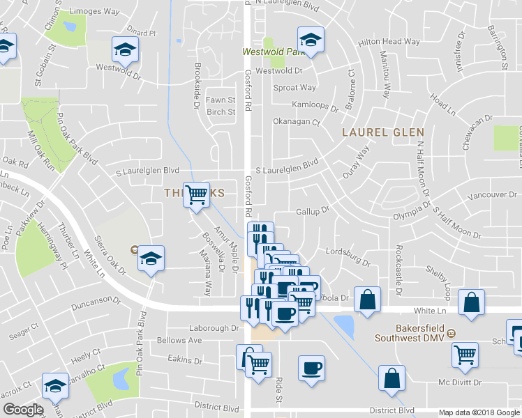 map of restaurants, bars, coffee shops, grocery stores, and more near 3400 Seligman Drive in Bakersfield