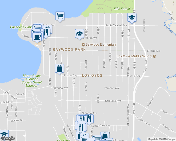 map of restaurants, bars, coffee shops, grocery stores, and more near 1564 10th Street in Los Osos