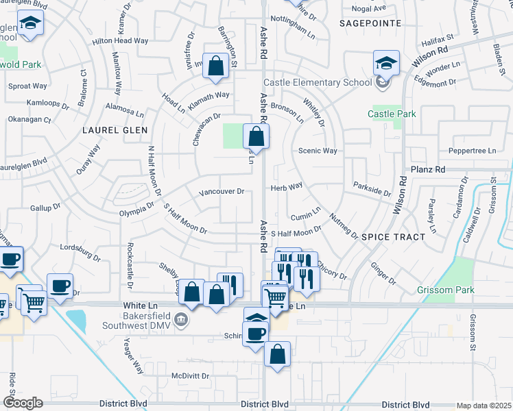 map of restaurants, bars, coffee shops, grocery stores, and more near 3412 Waldport Lane in Bakersfield