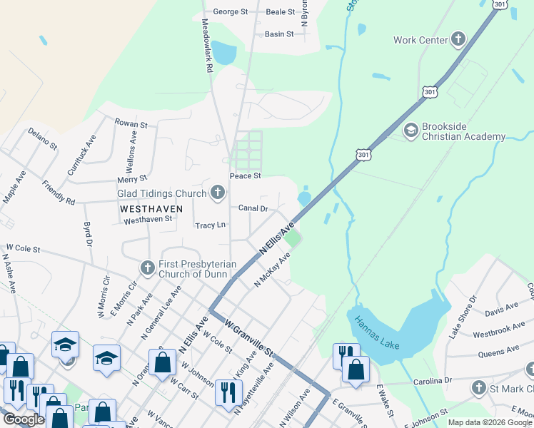 map of restaurants, bars, coffee shops, grocery stores, and more near 1507 Fairview Street in Dunn