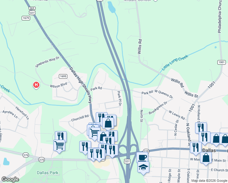 map of restaurants, bars, coffee shops, grocery stores, and more near 5100 Park Place Drive in Dallas