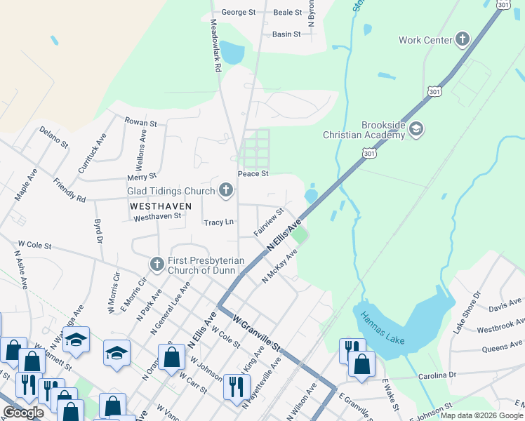 map of restaurants, bars, coffee shops, grocery stores, and more near 710 Memorial Drive in Dunn