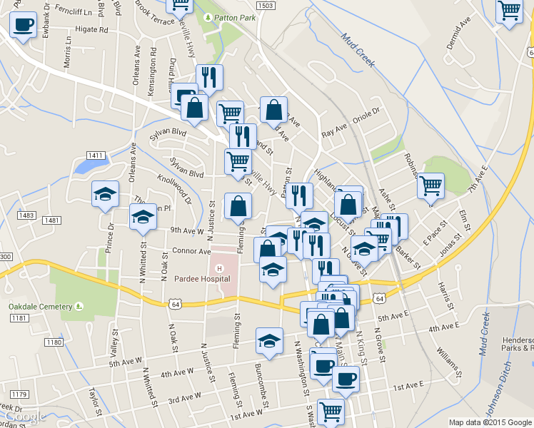 map of restaurants, bars, coffee shops, grocery stores, and more near Oakland Street in Hendersonville