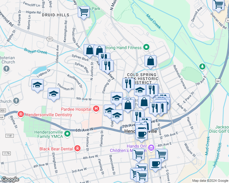 map of restaurants, bars, coffee shops, grocery stores, and more near Oakland Street in Hendersonville