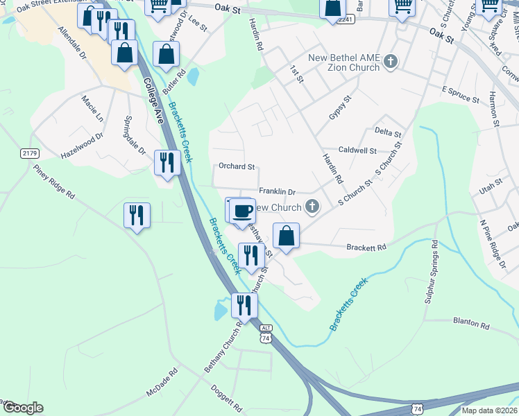 map of restaurants, bars, coffee shops, grocery stores, and more near 176 Sedgefield Drive in Forest City