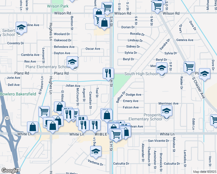 map of restaurants, bars, coffee shops, grocery stores, and more near 1716 Julian Avenue in Bakersfield