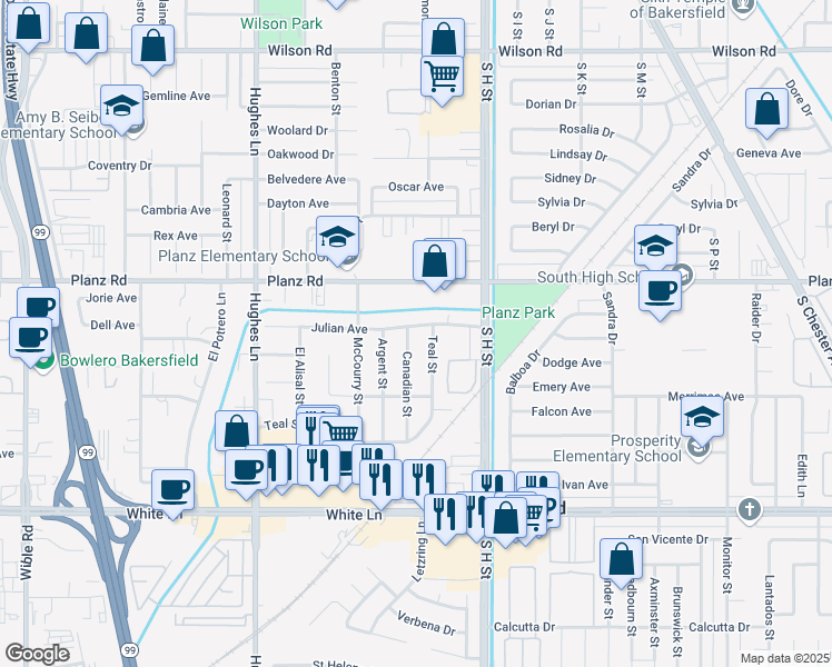 map of restaurants, bars, coffee shops, grocery stores, and more near 3501 Teal Street in Bakersfield