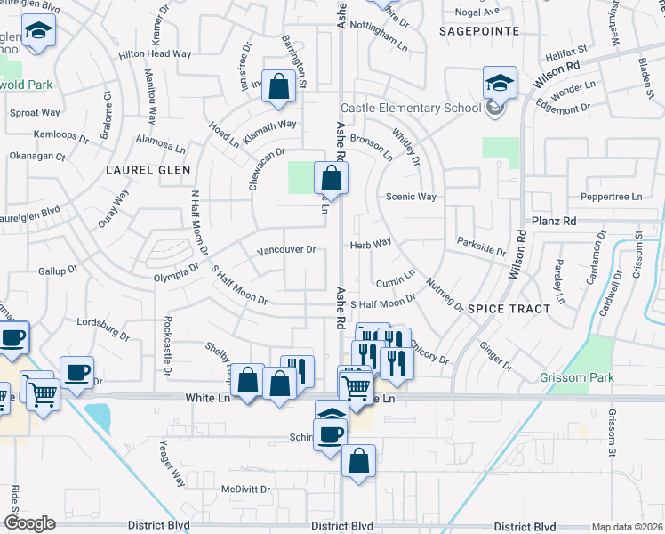 map of restaurants, bars, coffee shops, grocery stores, and more near 3412 Waldport Lane in Bakersfield