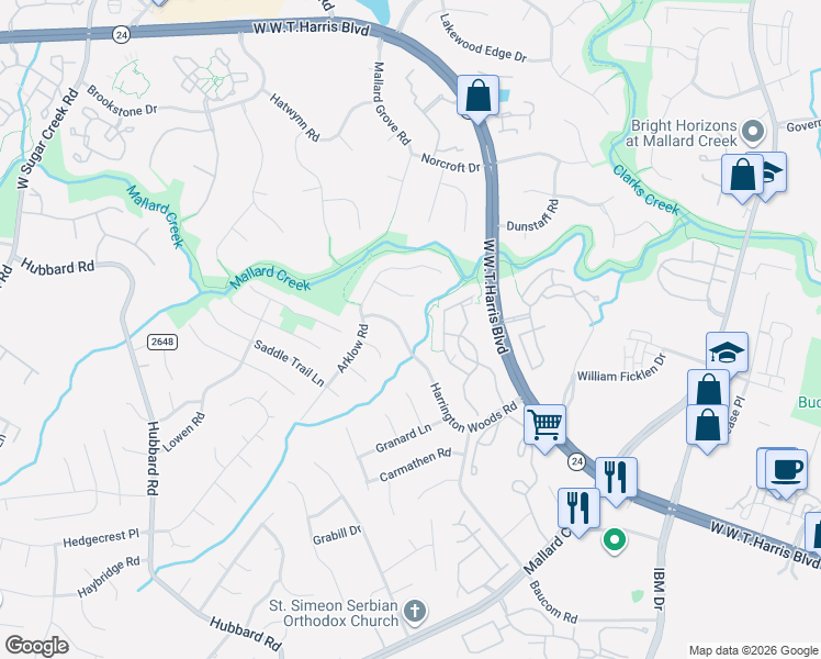 map of restaurants, bars, coffee shops, grocery stores, and more near 7731 Harrington Woods Road in Charlotte