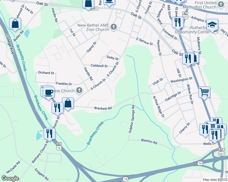 map of restaurants, bars, coffee shops, grocery stores, and more near 144 Springfield Drive in Forest City