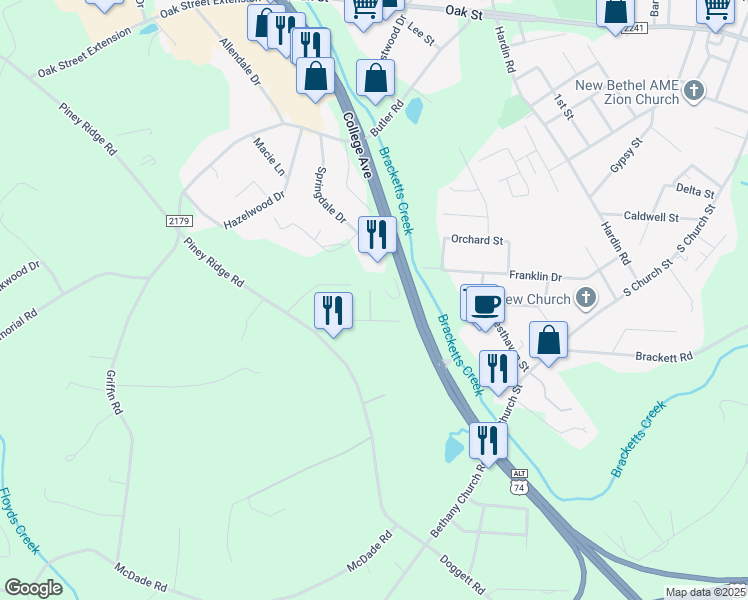 map of restaurants, bars, coffee shops, grocery stores, and more near 127 Mockingbird Lane in Forest City