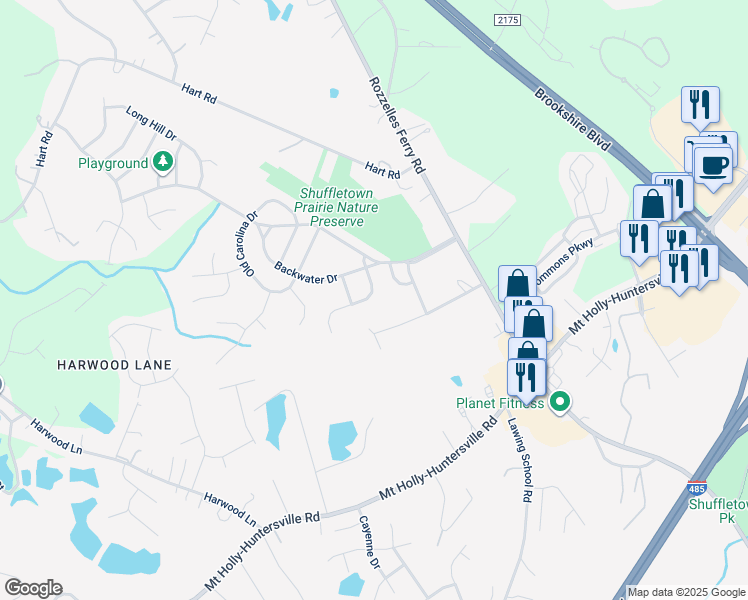 map of restaurants, bars, coffee shops, grocery stores, and more near 9512 Brighthaven Lane in Charlotte