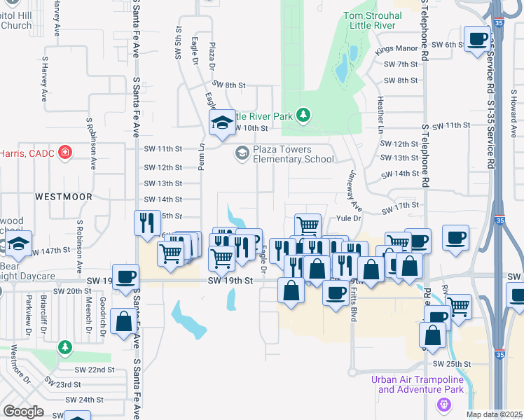 map of restaurants, bars, coffee shops, grocery stores, and more near 1416 Eagle Drive in Moore
