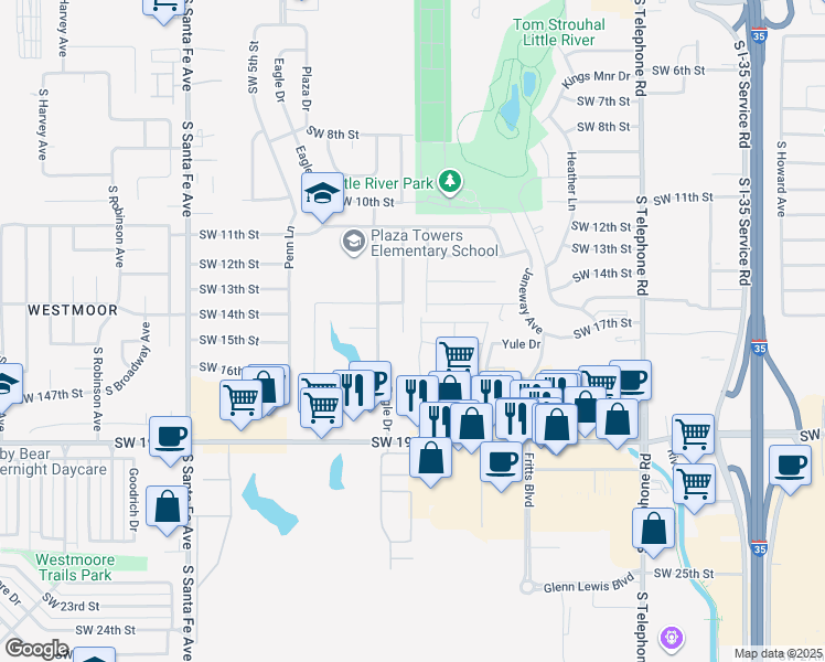 map of restaurants, bars, coffee shops, grocery stores, and more near 1420 Ridgeway Drive in Moore