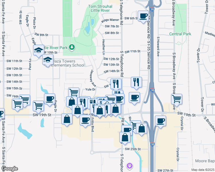 map of restaurants, bars, coffee shops, grocery stores, and more near 826 Southwest 17th Street in Moore