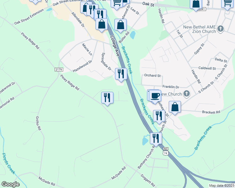 map of restaurants, bars, coffee shops, grocery stores, and more near 127 Mockingbird Lane in Forest City