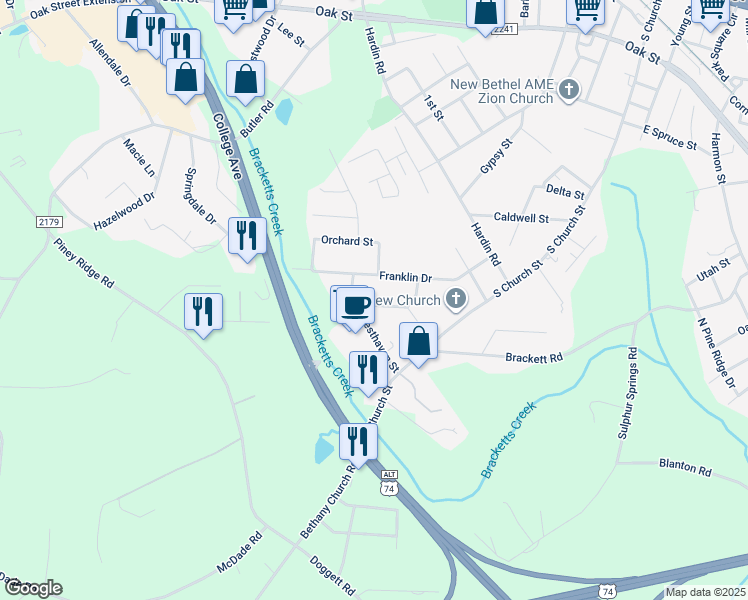 map of restaurants, bars, coffee shops, grocery stores, and more near 184 Sedgefield Drive in Forest City