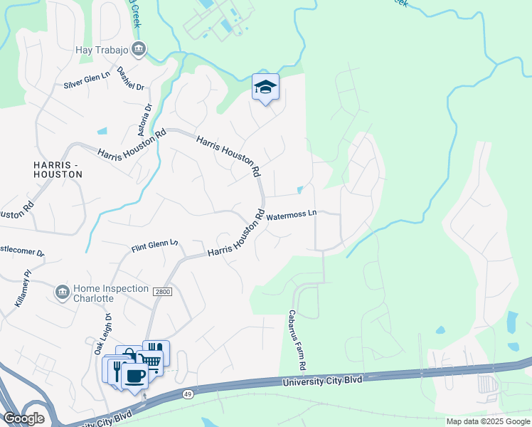 map of restaurants, bars, coffee shops, grocery stores, and more near 11503 Watermoss Lane in Charlotte