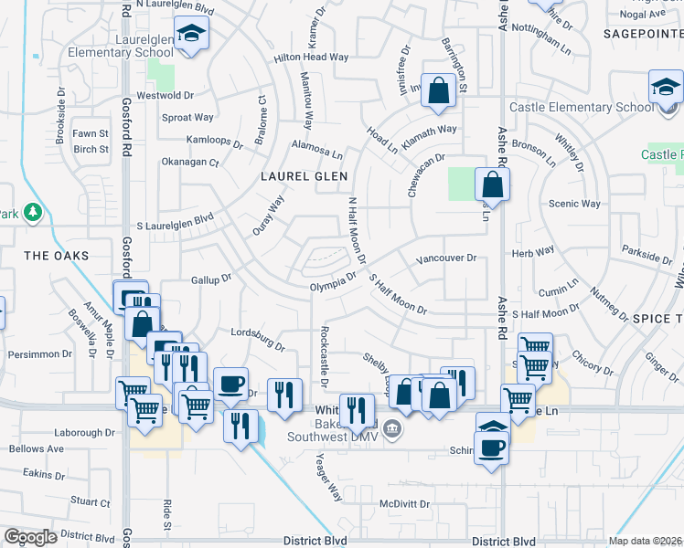 map of restaurants, bars, coffee shops, grocery stores, and more near 7129 Hanover Circle in Bakersfield