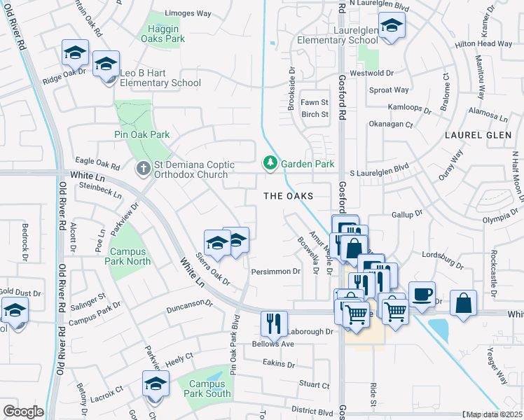 map of restaurants, bars, coffee shops, grocery stores, and more near 3500 Woodstead Street in Bakersfield