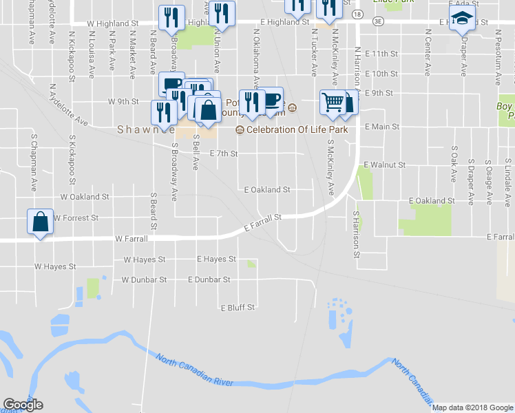 map of restaurants, bars, coffee shops, grocery stores, and more near 321 South Oklahoma Avenue in Shawnee