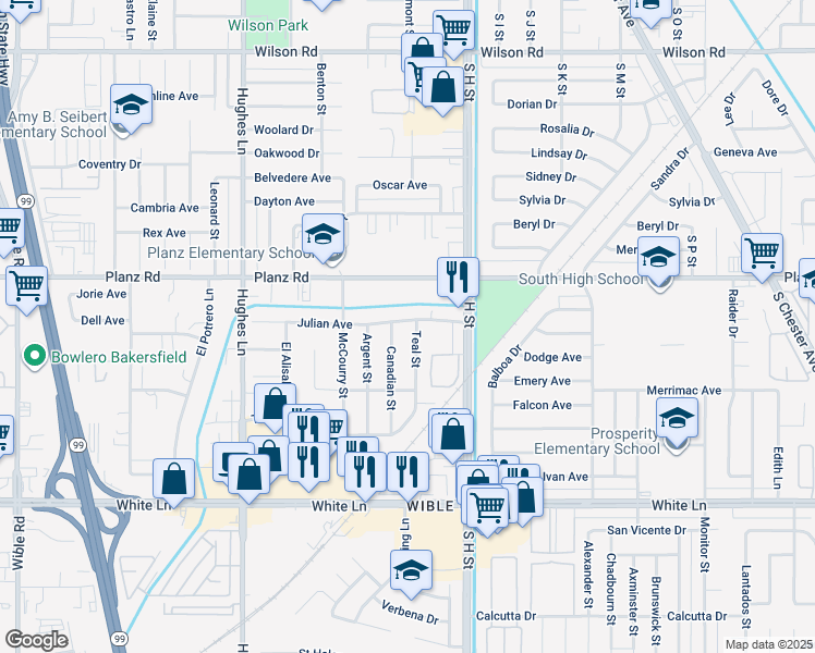 map of restaurants, bars, coffee shops, grocery stores, and more near 3501 Teal Street in Bakersfield