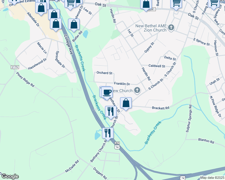 map of restaurants, bars, coffee shops, grocery stores, and more near 184 Sedgefield Drive in Forest City