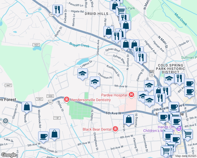 map of restaurants, bars, coffee shops, grocery stores, and more near 950 Orleans Avenue in Hendersonville