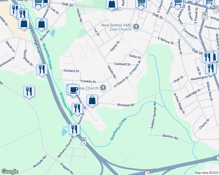 map of restaurants, bars, coffee shops, grocery stores, and more near 596 South Church Street in Forest City