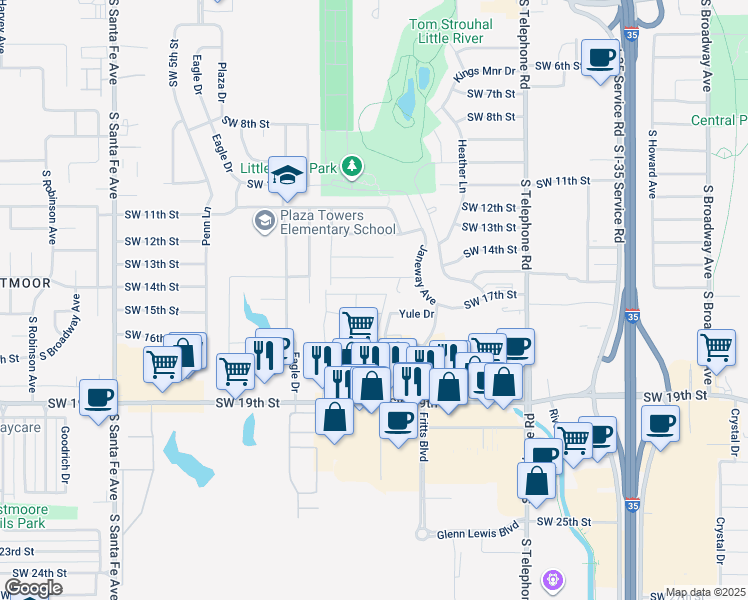 map of restaurants, bars, coffee shops, grocery stores, and more near 769 Southwest 19th Street in Moore