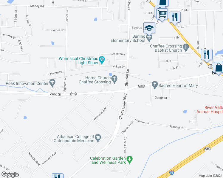 map of restaurants, bars, coffee shops, grocery stores, and more near 1912 Church Street in Barling