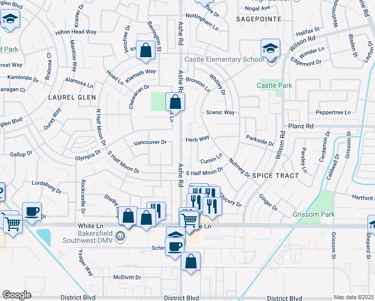 map of restaurants, bars, coffee shops, grocery stores, and more near 3412 Waldport Lane in Bakersfield