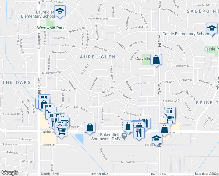 map of restaurants, bars, coffee shops, grocery stores, and more near 7129 Hanover Circle in Bakersfield