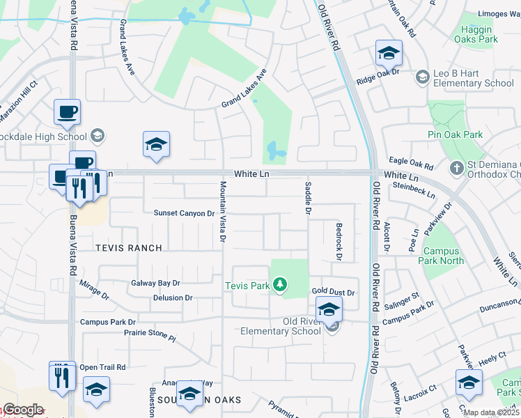 map of restaurants, bars, coffee shops, grocery stores, and more near 10304 Sunset Canyon Drive in Bakersfield