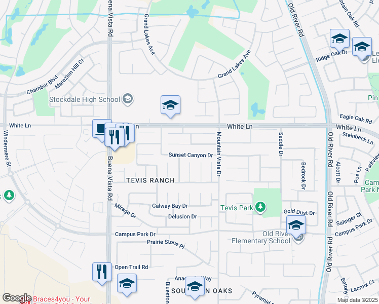 map of restaurants, bars, coffee shops, grocery stores, and more near 10700 Sunset Canyon Drive in Bakersfield