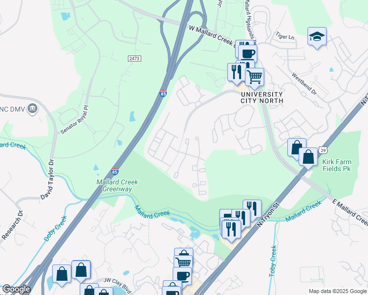 map of restaurants, bars, coffee shops, grocery stores, and more near 8619 Ashley Hill Court in Charlotte