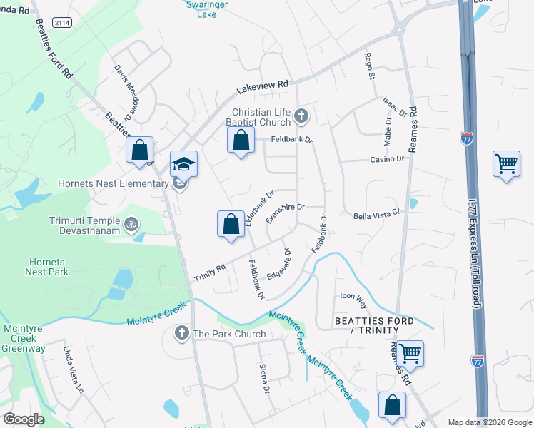 map of restaurants, bars, coffee shops, grocery stores, and more near 5333 Evanshire Drive in Charlotte