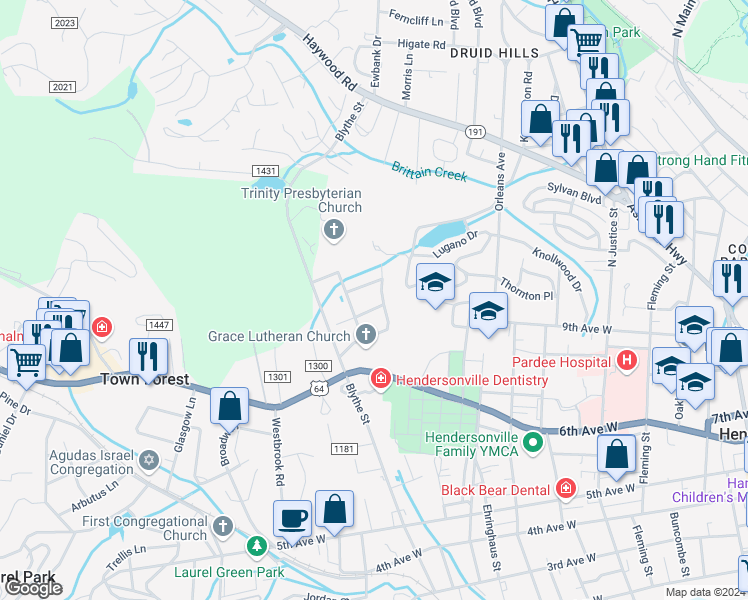 map of restaurants, bars, coffee shops, grocery stores, and more near 1110 Woodmont Drive in Hendersonville