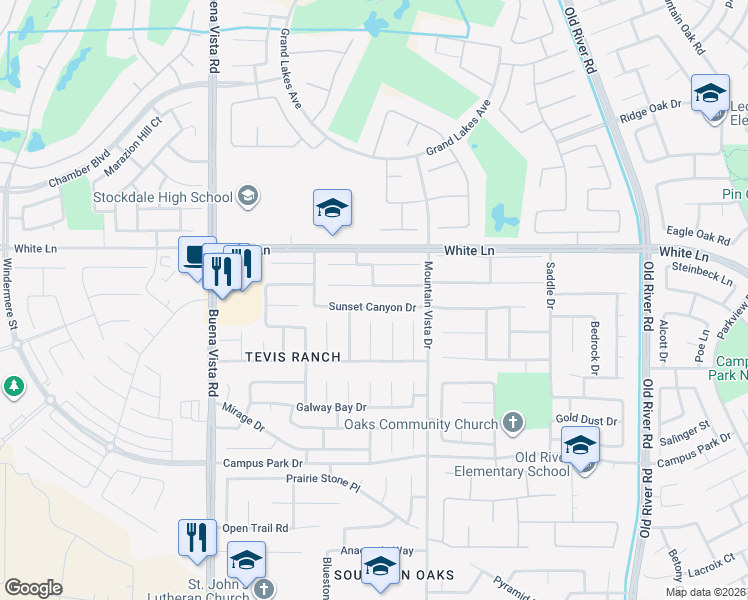 map of restaurants, bars, coffee shops, grocery stores, and more near 10700 Sunset Canyon Drive in Bakersfield