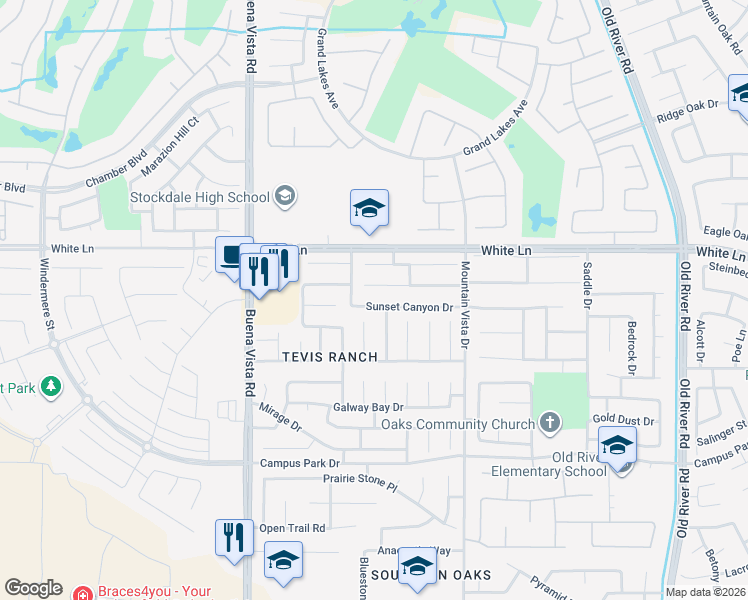map of restaurants, bars, coffee shops, grocery stores, and more near 10808 Sunset Canyon Drive in Bakersfield